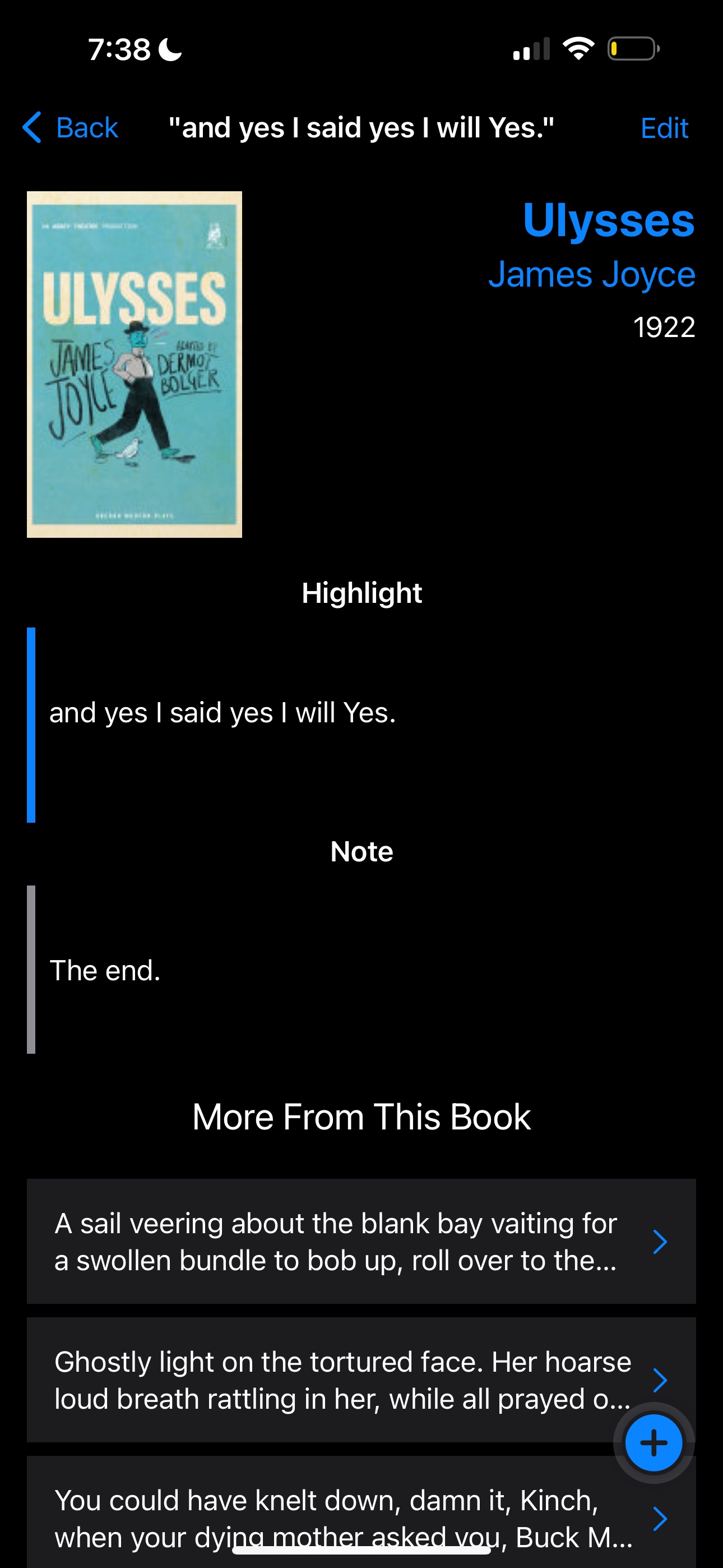 A screenshot of the Clew app showing the famous ending from Ulysses by James Joyce.