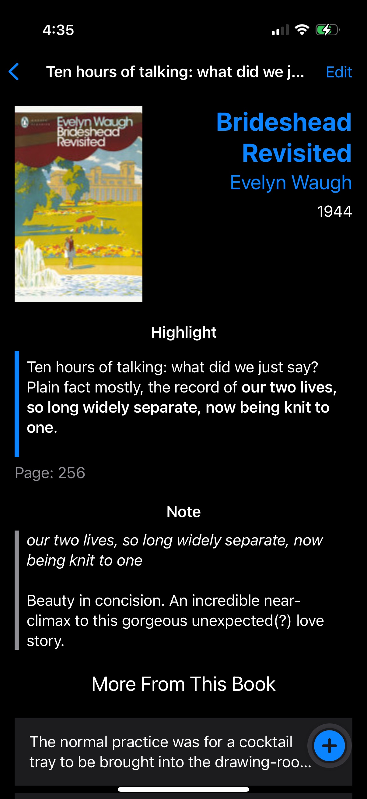 A screenshot of the Clew app showing a saved highlight from Brideshead Revisited.