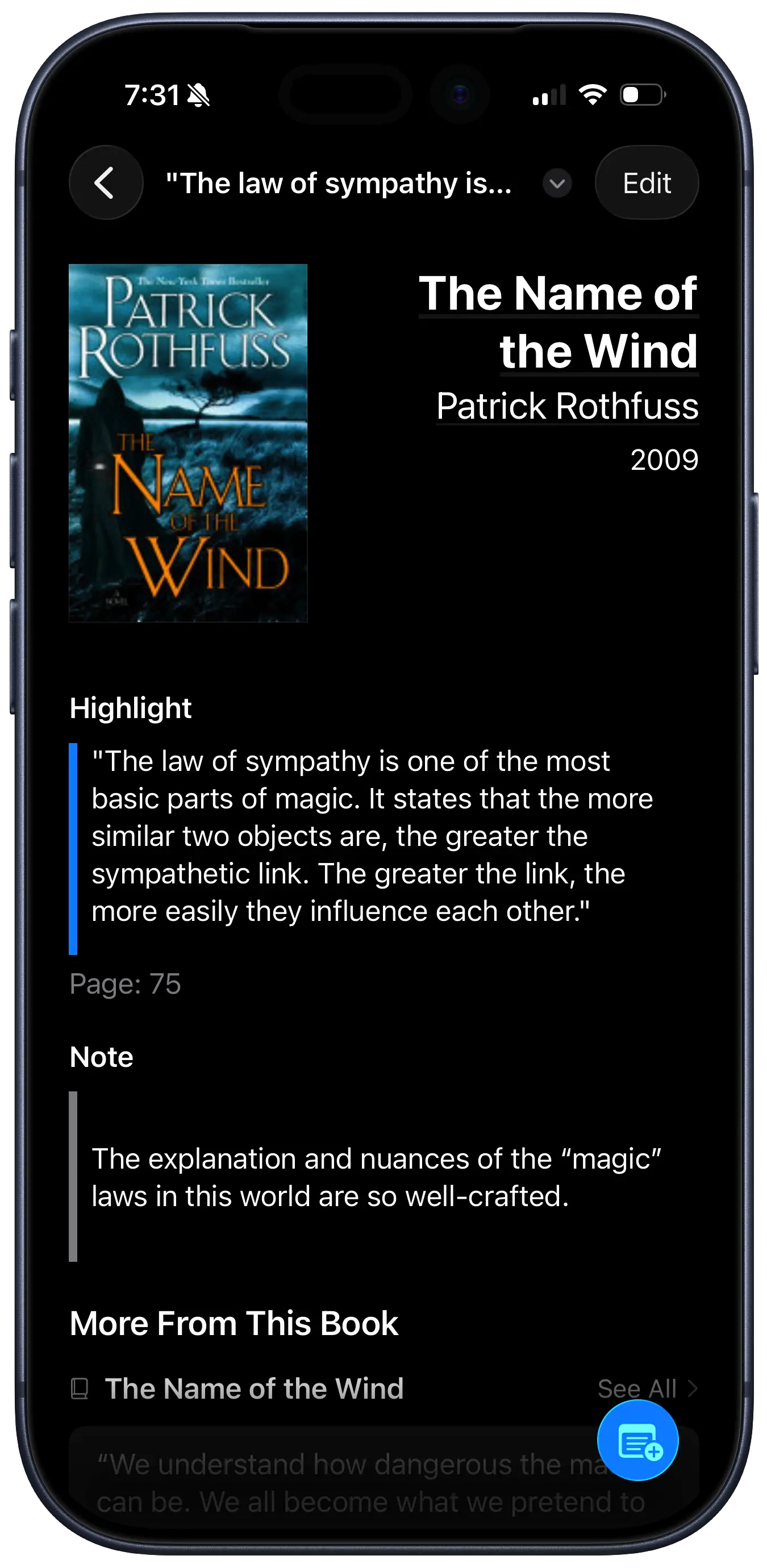 A screenshot of the Clew app showing a saved highlight from The Name of the Wind.
