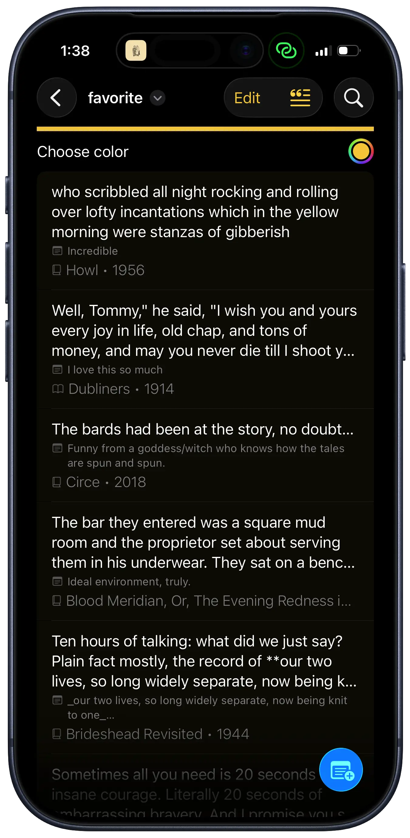 A screenshot of the Clew app showing highlights tagged as favorites.