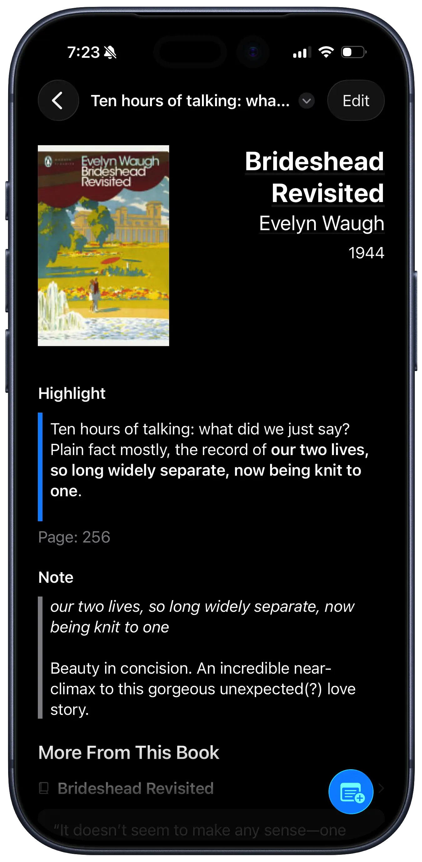 A screenshot of the Clew app showing a saved highlight from Brideshead Revisited.