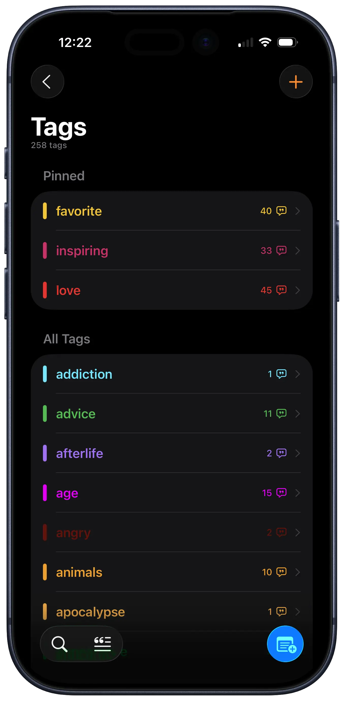 A screenshot of the Clew app showing a list of tags.