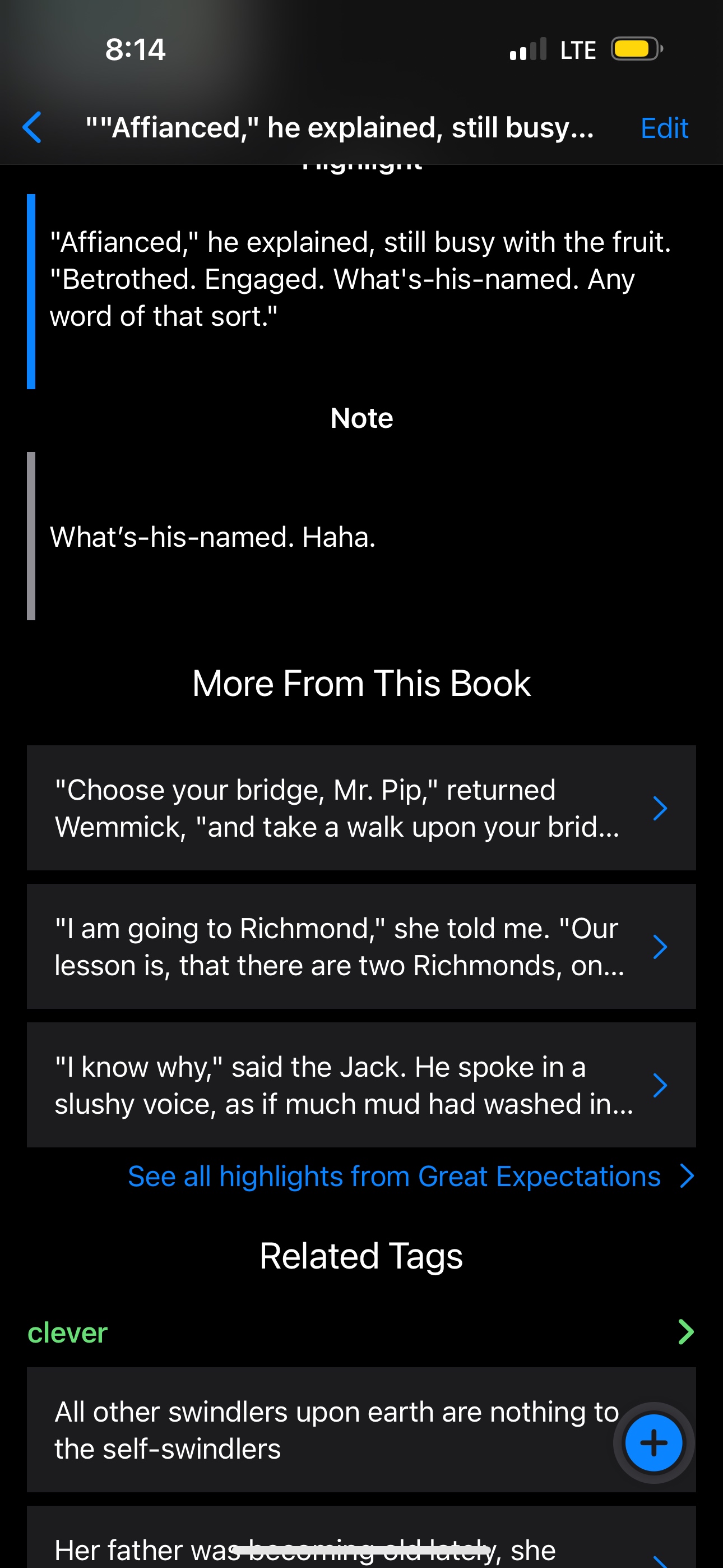A screenshot of the Clew app showing a saved highlight from Great Expectations by Charles Dickens.