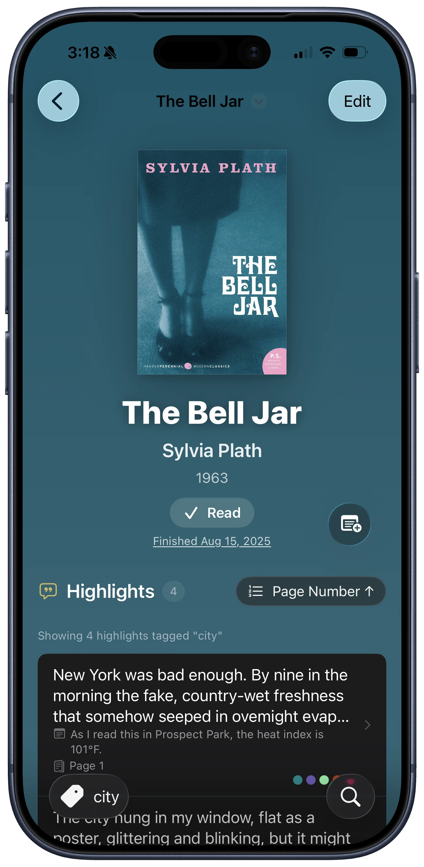A screenshot of the Clew app showing The Bell Jar by Sylvia Plath, with its highlights filtered down to those tagged "city".