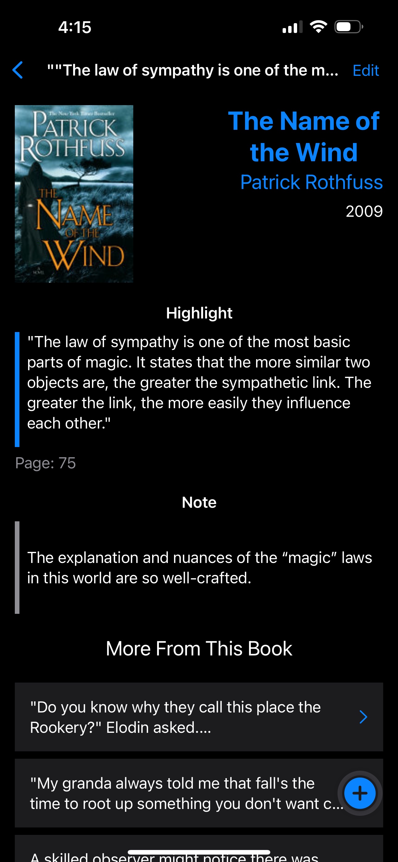 A screenshot of the Clew app showing a saved highlight from The Name of the Wind by Patrick Rothfuss.