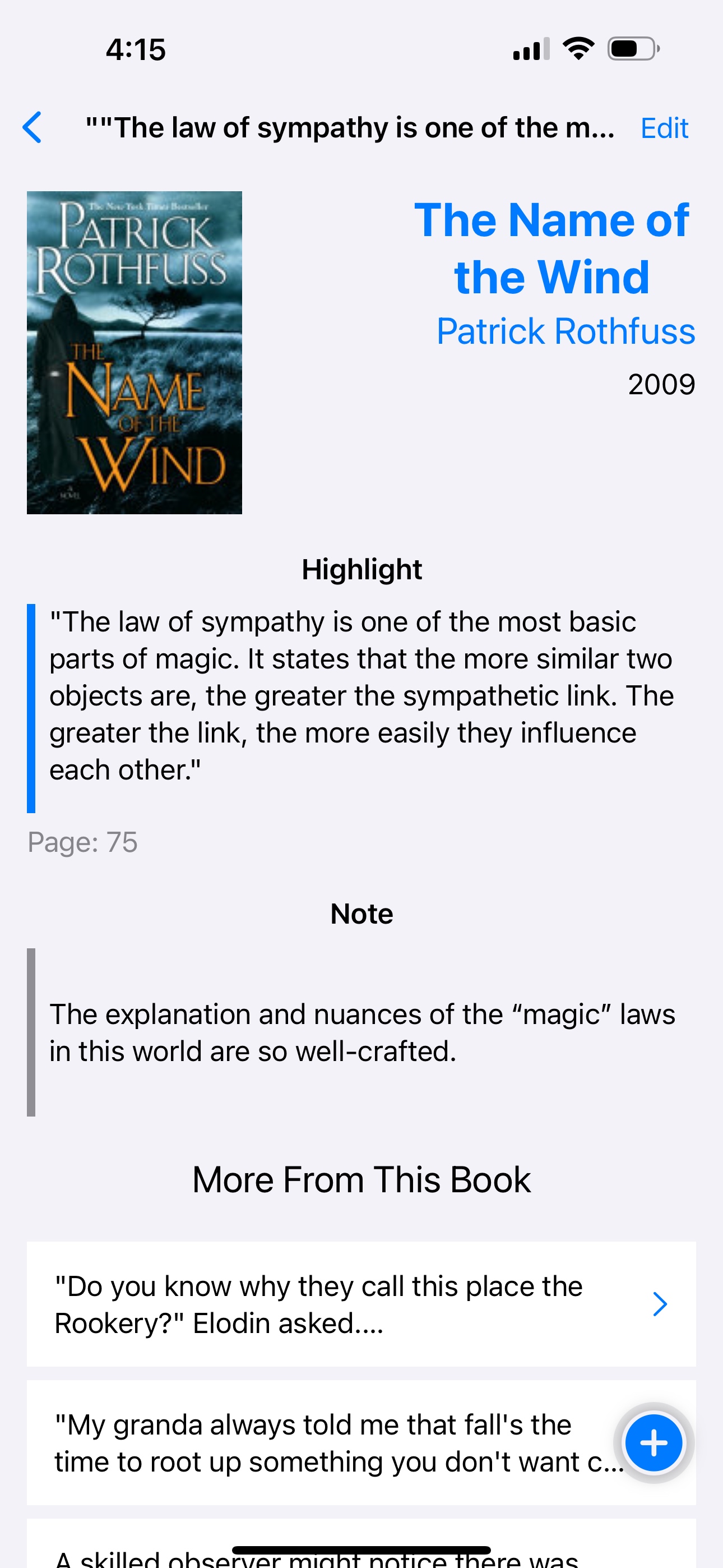 A screenshot of the Clew app showing a saved highlight from The Name of the Wind by Patrick Rothfuss.