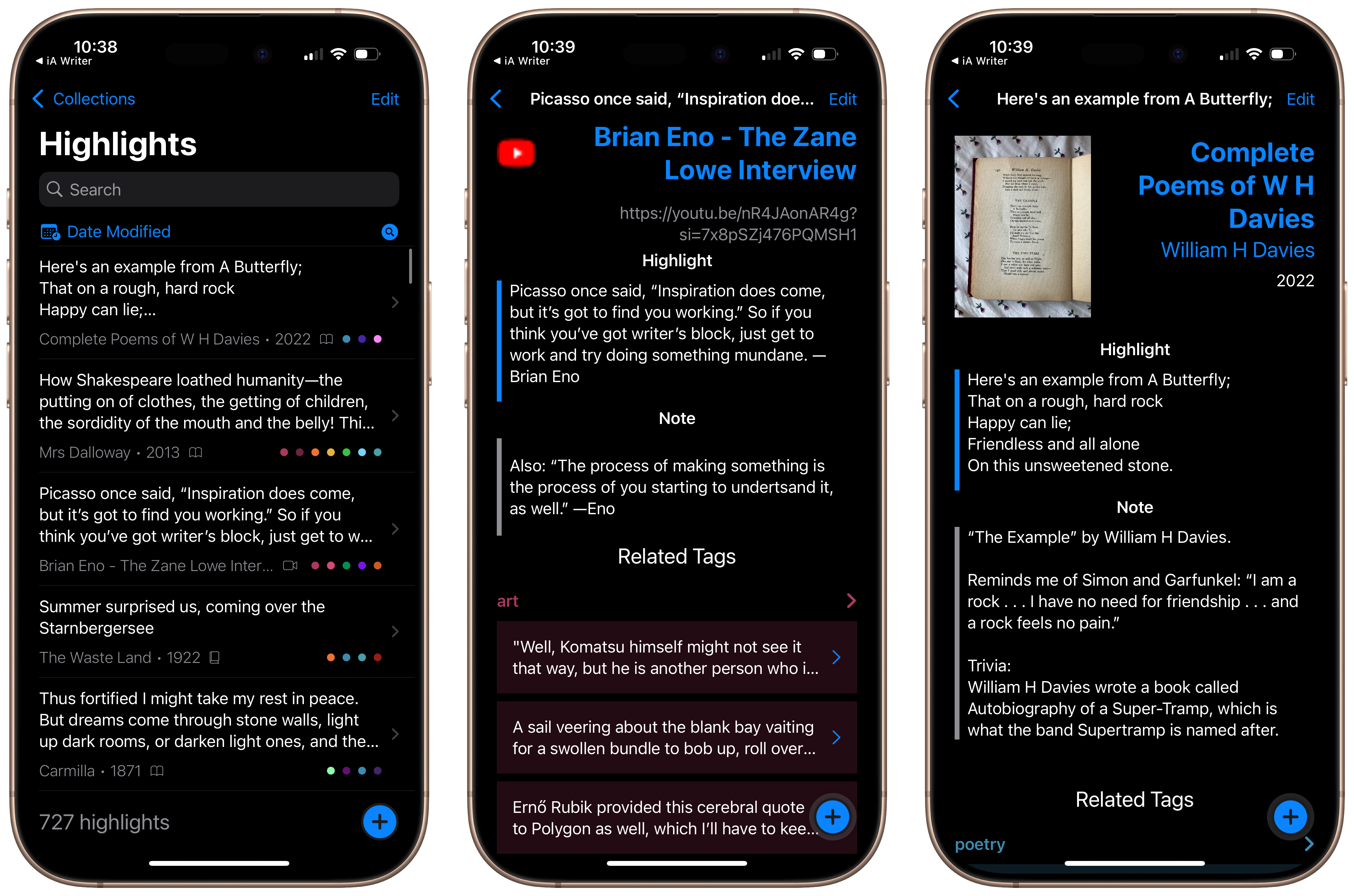A grid of 3 screenshots of the Clew app showing a list of saved highlights and the details of 2 specific highlights.